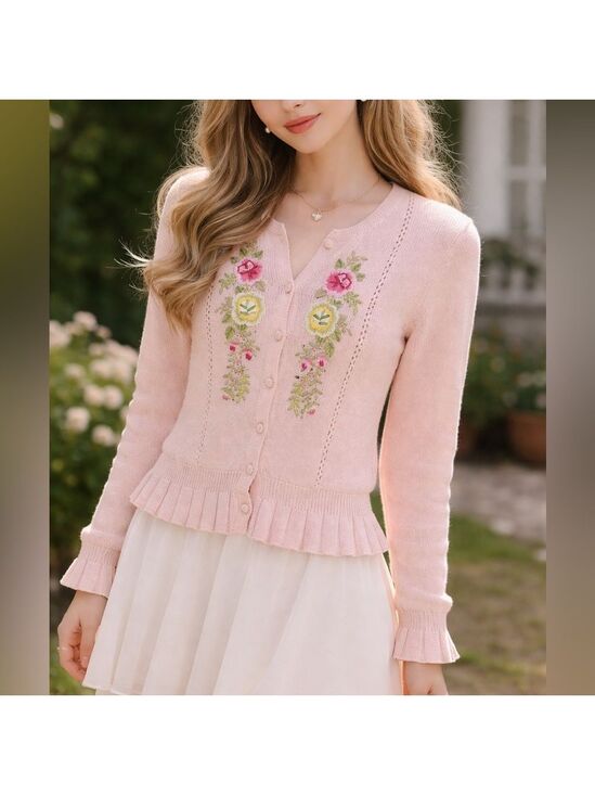 Vintage Sweaters - Vintage 90s Cottagecore Hand Embroidered Pink Knit Cardigan Sweater size SP